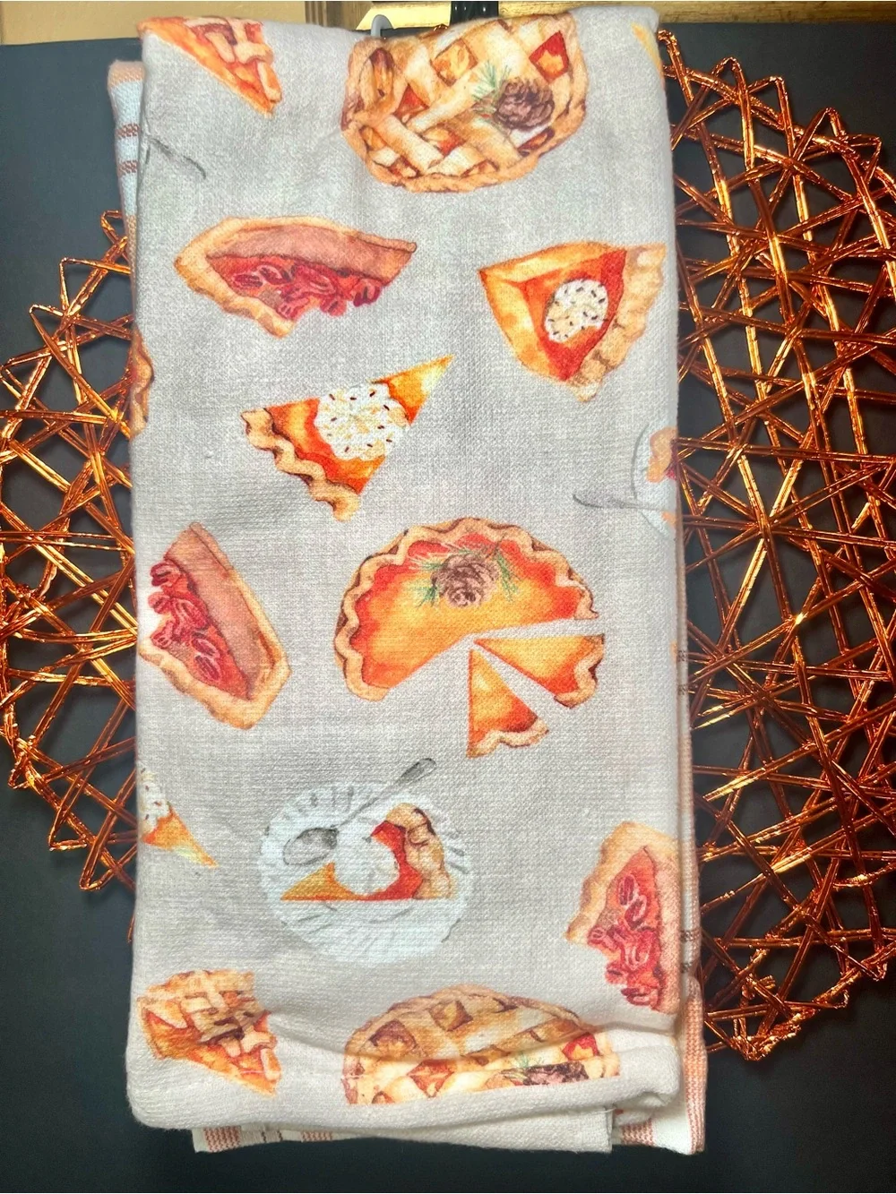 3 Harvest Pies Kitchen Towels Pumpkin Pecan Apple Orange Brown Plaid